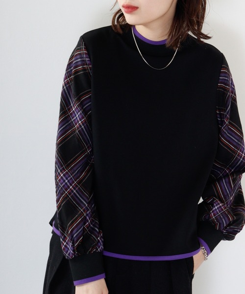 tシャツ BRODIAEA 袖チェックドッキングカットソー レディース