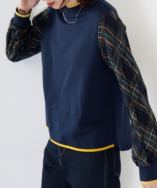 tシャツ BRODIAEA 袖チェックドッキングカットソー レディース