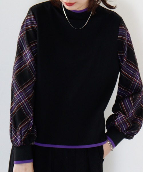 tシャツ BRODIAEA 袖チェックドッキングカットソー レディース tシャツ BRODIAEA 袖チェックドッキングカットソー レディース