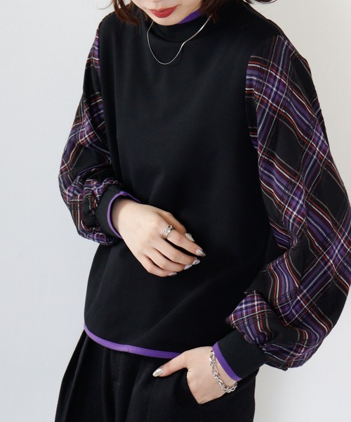 tシャツ BRODIAEA 袖チェックドッキングカットソー レディース tシャツ BRODIAEA 袖チェックドッキングカットソー レディース