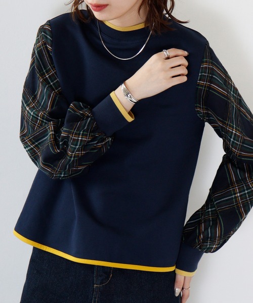 tシャツ BRODIAEA 袖チェックドッキングカットソー レディース tシャツ BRODIAEA 袖チェックドッキングカットソー レディース