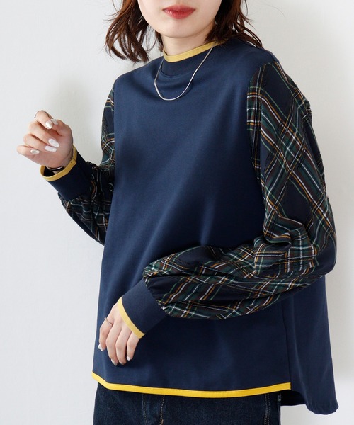 tシャツ BRODIAEA 袖チェックドッキングカットソー レディース tシャツ BRODIAEA 袖チェックドッキングカットソー レディース
