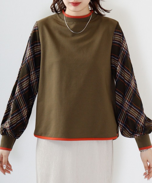 tシャツ BRODIAEA 袖チェックドッキングカットソー レディース tシャツ BRODIAEA 袖チェックドッキングカットソー レディース