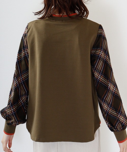 tシャツ BRODIAEA 袖チェックドッキングカットソー レディース tシャツ BRODIAEA 袖チェックドッキングカットソー レディース