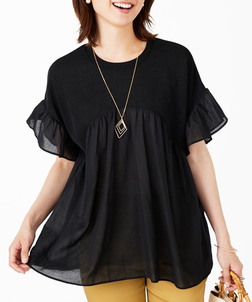 BELLUNA PLUS（ベルーナプラス） tシャツ 半袖 異素材使いギャザー