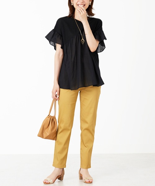 BELLUNA PLUS（ベルーナプラス） tシャツ 半袖 異素材使いギャザー
