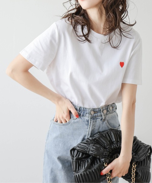 ホワイト 半袖Tシャツ ハート刺繍 ミニハート刺繍Tシャツ