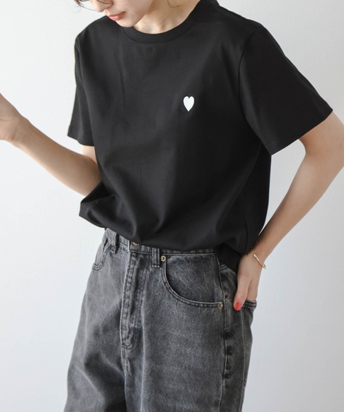 tシャツ ハート刺繍ラガートップス レディース FREAK'S STORE/ワンポイントハート刺繍 ボーダーリンガーTシャツ