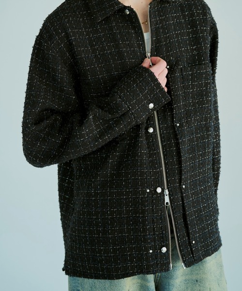 Camphor wood シャツ lame tweed double zipper shirt jacket
