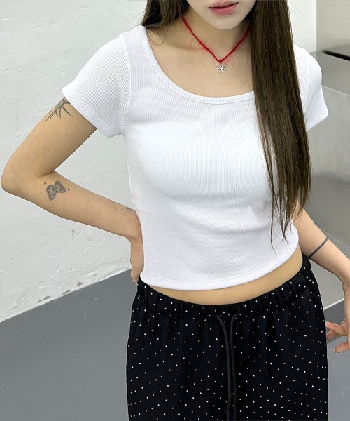 4INT. tシャツ 半袖 ベーシック スリムフィット Uネック リブ