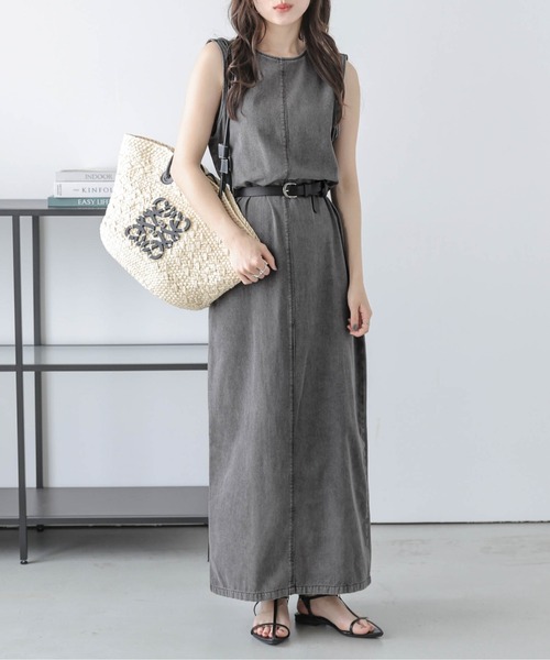【フリーダ】美品 バックリボン ワンピース デニム オールシーズン ロング 調節 フリーダ】美品 バックリボン ワンピース デニム オールシーズン