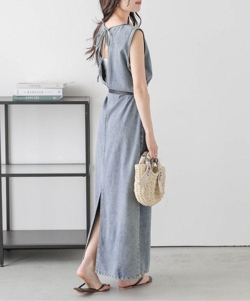 【フリーダ】美品 バックリボン ワンピース デニム オールシーズン ロング 調節 フリーダ】美品 バックリボン ワンピース デニム オールシーズン