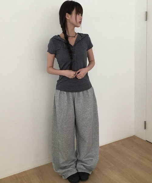 anyonemore tシャツ 「MADE」 フードボタンボーダー半袖Tシャツ
