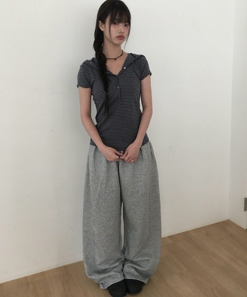 anyonemore tシャツ 「MADE」 フードボタンボーダー半袖Tシャツ