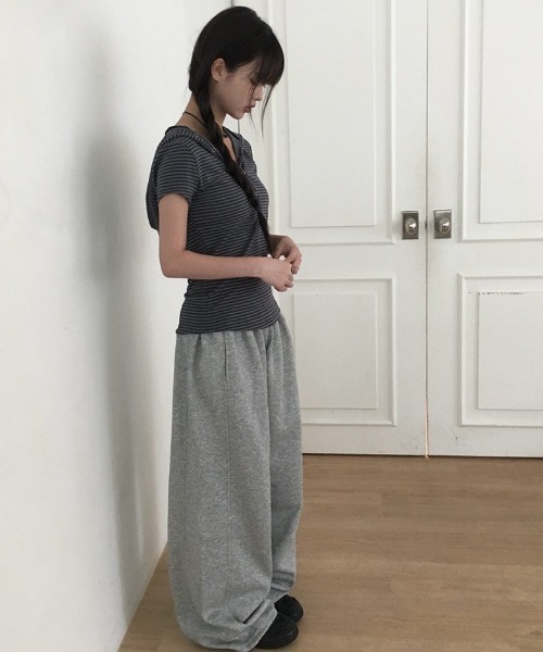 anyonemore tシャツ 「MADE」 フードボタンボーダー半袖Tシャツ