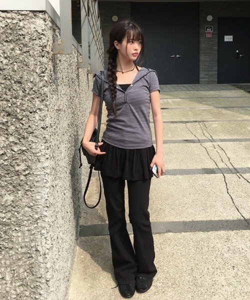anyonemore tシャツ 「MADE」 フードボタンボーダー半袖Tシャツ