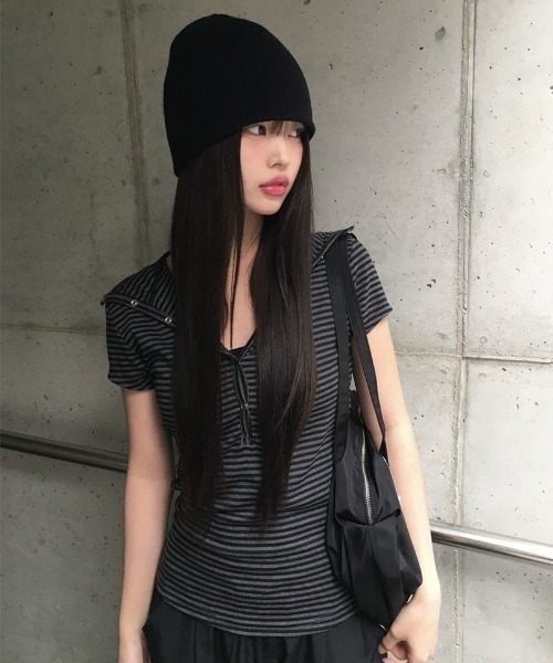 PARTIMENTO WOMEN ボーダー 長袖 半袖 カットソー ボタン anyonemore tシャツ 「MADE」 フードボタンボーダー半袖Tシャツ