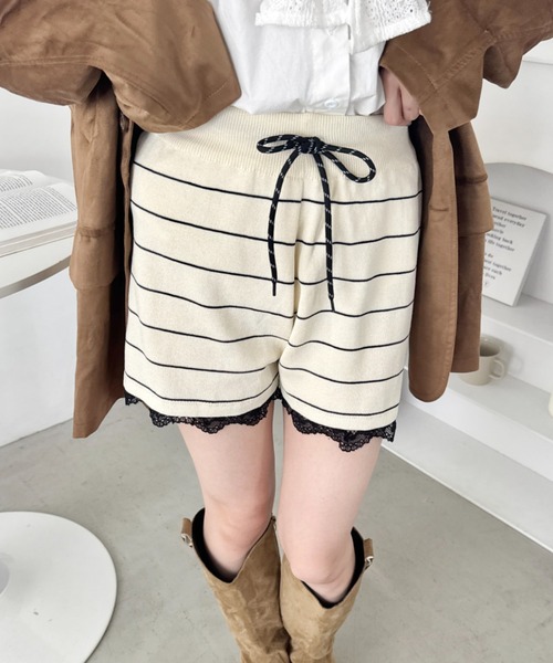 SOLLON.（ソルロン） パンツ 裾レースボーダーリブショートパンツ