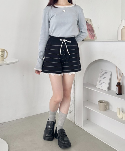 SOLLON.（ソルロン） パンツ 裾レースボーダーリブショートパンツ