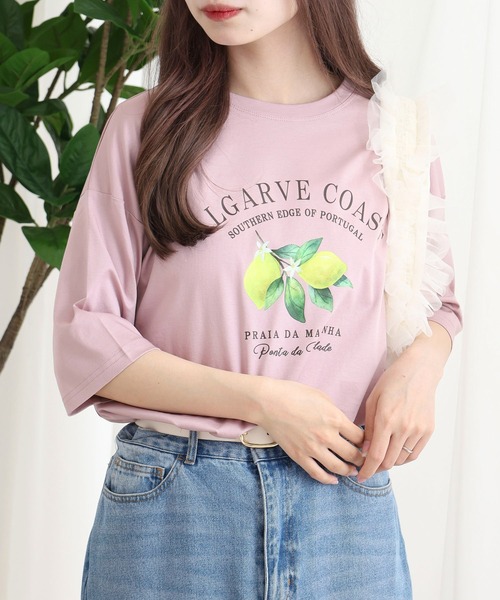 tシャツ BRODIAEA レモンプリントロゴ半袖Tシャツ レディース