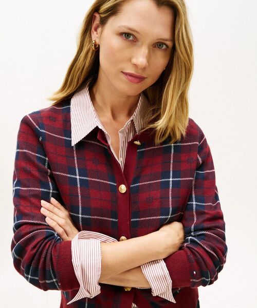 トミーヒルフィガー カーディガン ニット ウール M 赤 黒 白 チェック TOMMY HILFIGER（トミー・ヒルフィガー） M/古着 長袖 ブランド ニット
