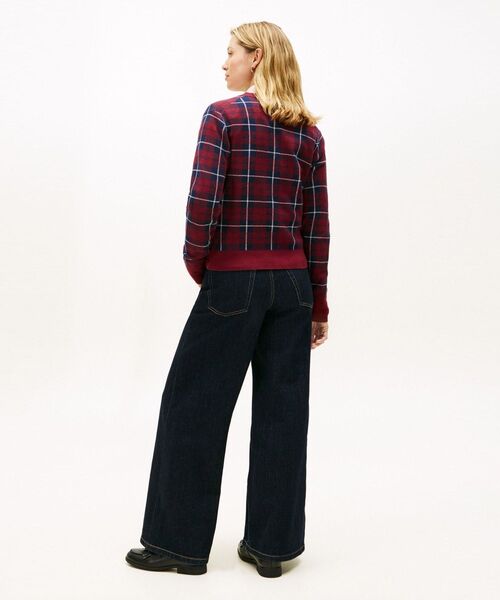 トミーヒルフィガー カーディガン ニット ウール M 赤 黒 白 チェック TOMMY HILFIGER（トミー・ヒルフィガー） M/古着 長袖 ブランド ニット