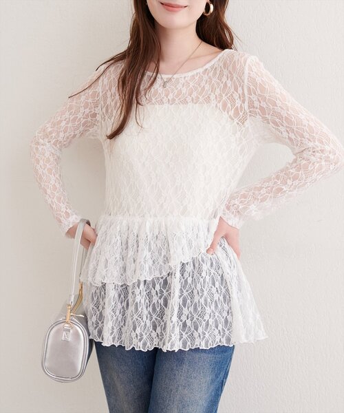 natural couture tシャツ 総レースティアードTOPS レディース 