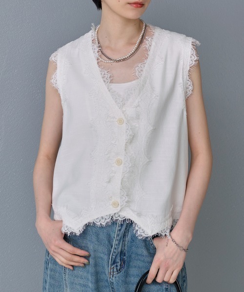 ベスト ジレ 夏 レーストリム Vネックベスト レディース : ZOZOTOWN