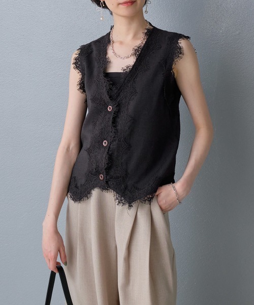 黒 レース ノースリーブ ベスト ベスト ジレ 夏 レーストリム Vネックベスト レディース : ZOZOTOWN