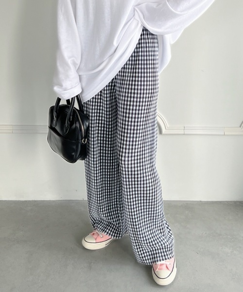 プリーツパンツ パンツ ギンガムチェックプリーツワイドパンツ レディース
