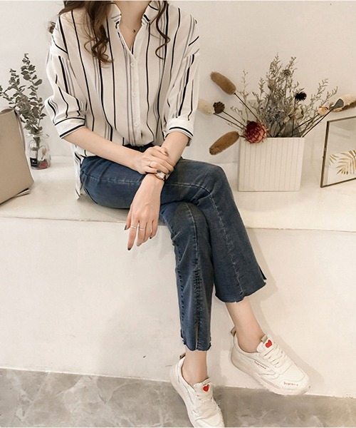 「Nigel Cabourn」 ストライプ柄7分袖ブラウス 8 ブルー レディース 楽天市場】ブラウス レディース トップス シャツ 春 夏 秋