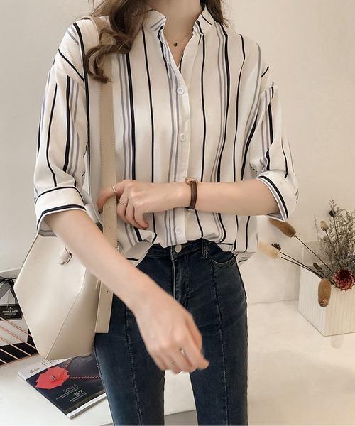 「Nigel Cabourn」 ストライプ柄7分袖ブラウス 8 ブルー レディース 楽天市場】ストライプ シャツ ブラウス 五分袖・七分袖 春夏