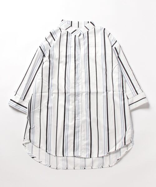 BLANC FICELLE ブラウス シャツ 7分袖 プリント ストライプ柄