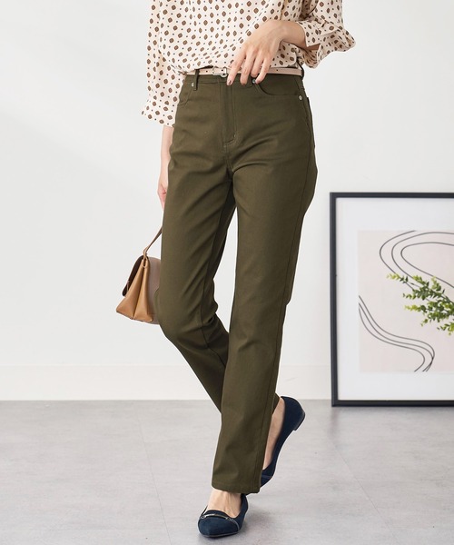 BELLUNA パンツ 静電防止蓄熱綿サテンカラーパンツ股下74cm