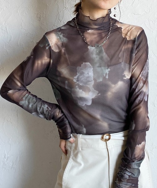 She's Closet tシャツ ニュアンス柄長袖メッシュパワーネット