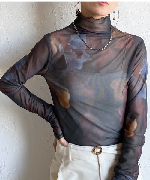 She's Closet tシャツ ニュアンス柄長袖メッシュパワーネット