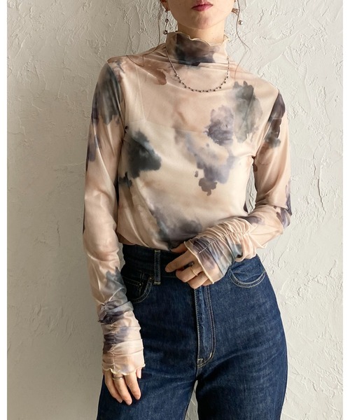 She's Closet tシャツ ニュアンス柄長袖メッシュパワーネット