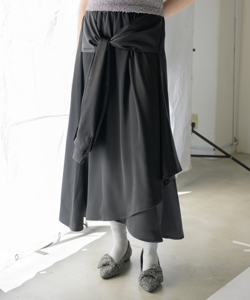 ロング スカート waist sleeve satin skirt/ウエストデザインサテン