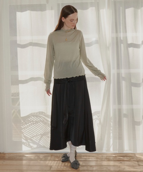 ロング スカート waist sleeve satin skirt/ウエストデザインサテン
