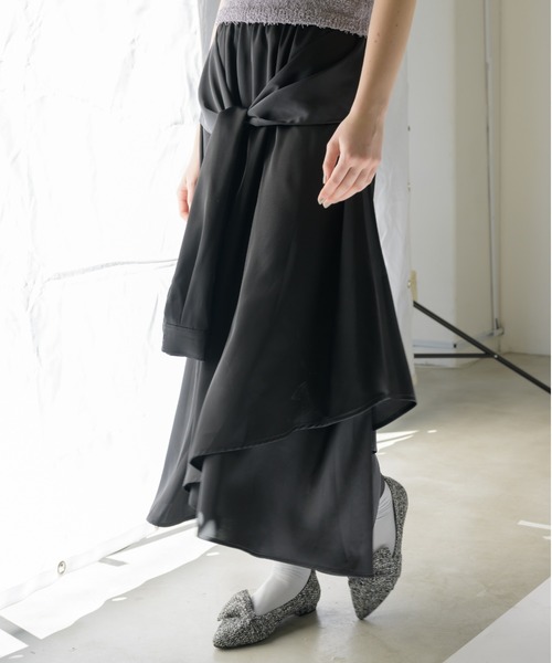 ロング スカート waist sleeve satin skirt/ウエストデザインサテン
