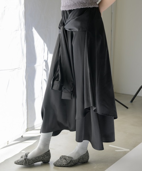 ロング スカート waist sleeve satin skirt/ウエストデザインサテン