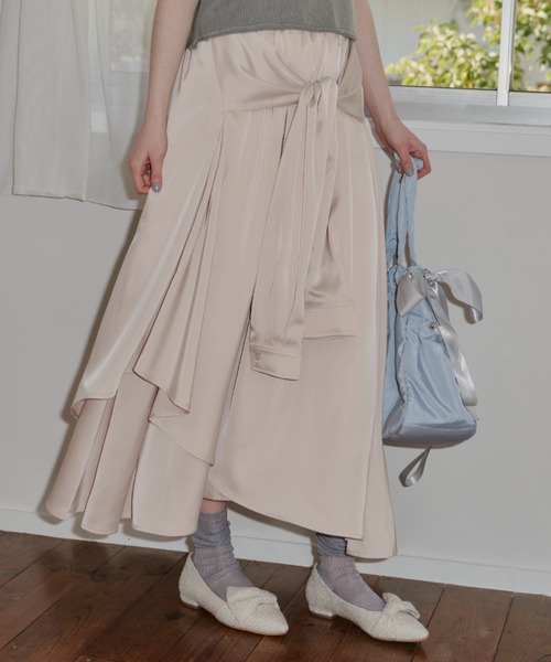 ロング スカート waist sleeve satin skirt/ウエストデザインサテン