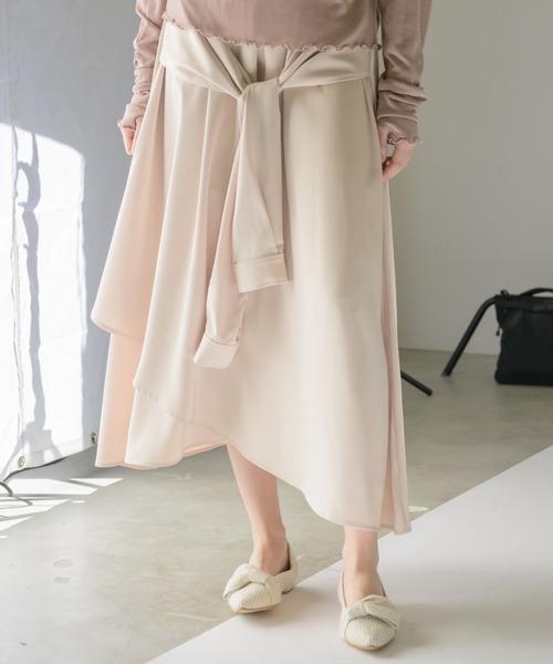 ロング スカート waist sleeve satin skirt/ウエストデザインサテン