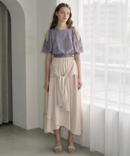 ロング スカート waist sleeve satin skirt/ウエストデザインサテン
