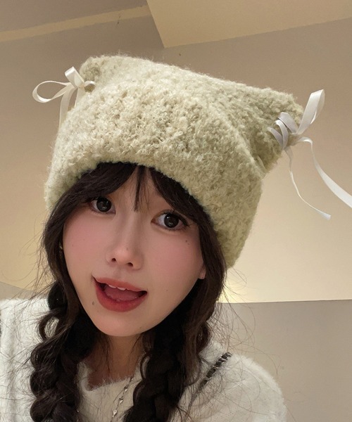 ニット帽 ニットキャップ Nia(ニア)/レースアップリボン 猫耳ビーニー