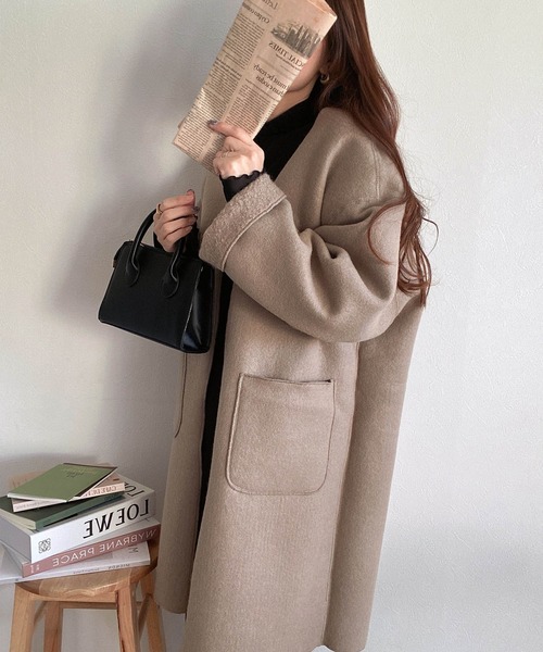 「andme」 ノーカラーコート M モカ レディース_画像4