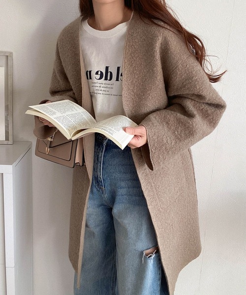 「andme」 ノーカラーコート M モカ レディース_画像9