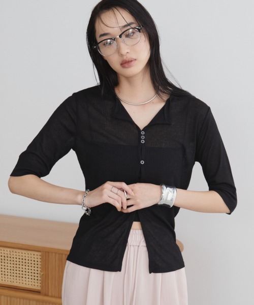 Aunt Marie's tシャツ フロントホール釦シアーカットソー