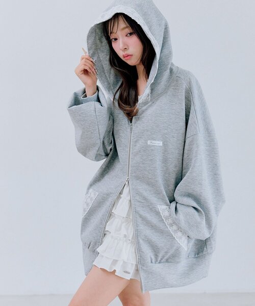 OLIVE des パーカー レース付きZIPパーカー レディース