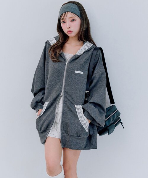 OLIVE des パーカー レース付きZIPパーカー レディース